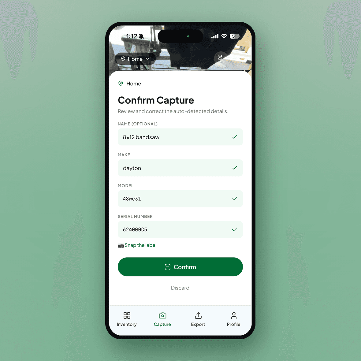 Snaptory reading a serial number off an equipment label and filling it into an item card