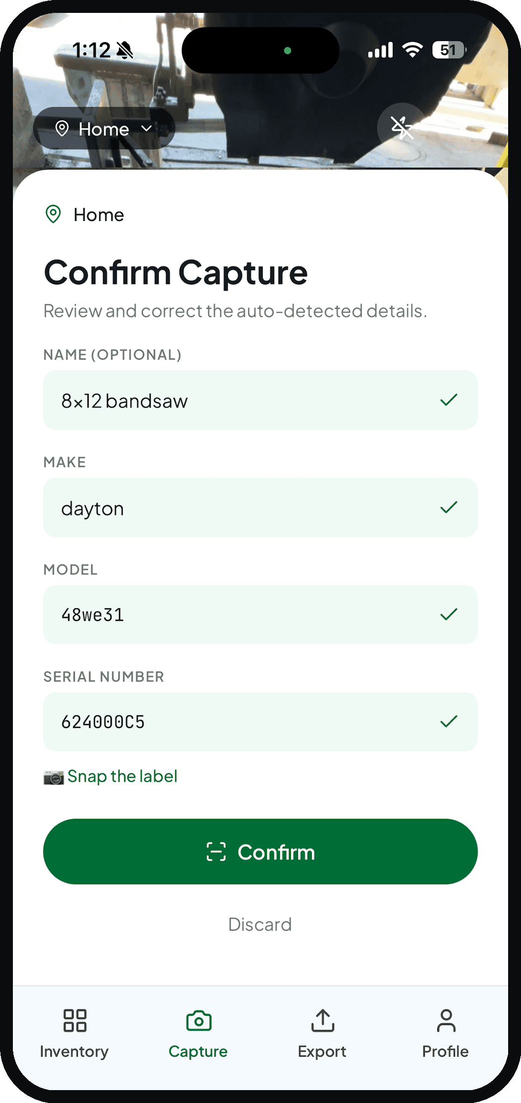 Snaptory reading a serial number off an equipment label and filling it into an item card